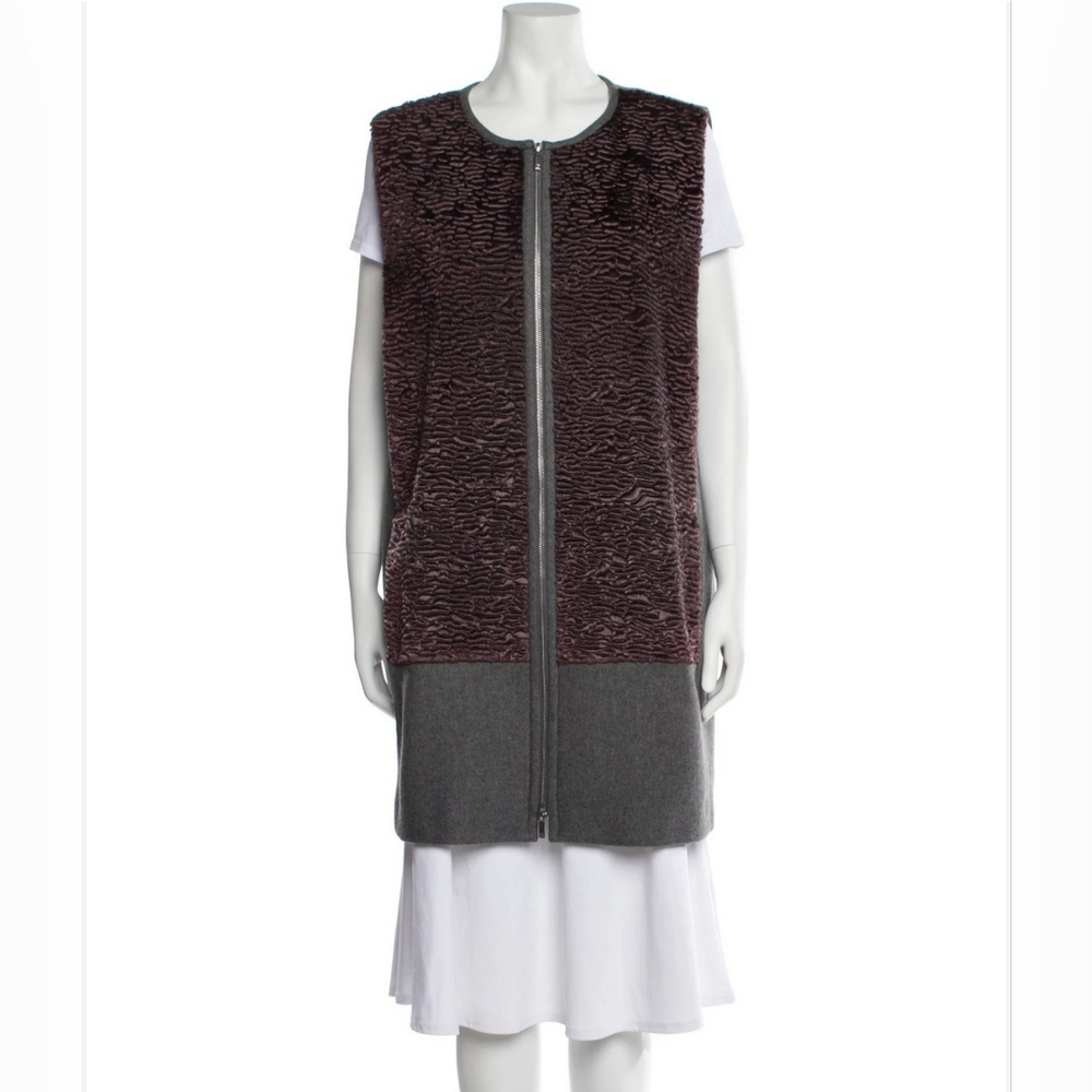Lafayette 148 New York Plus Gray Wool Blend Zip Front Tamer Vest Faux Fur